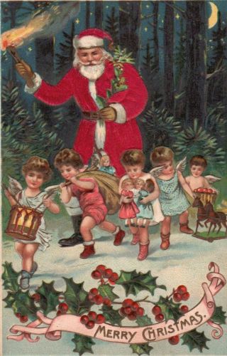Silk Santa Claus With Angles And Toys In The Forest Antique Christmas Postcard