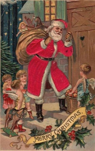 Silk Santa Claus With Angles Deliver Toys At The Door Antique Christmas Postcard
