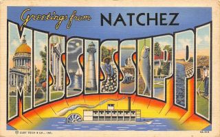 Natchez Mississippi State Large Letter Linen Postcard Paddlewheel Steamboat 1939