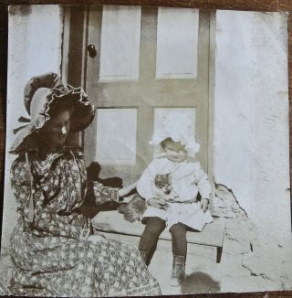 Vintage Photo Woman In Big Bonnet,  Child In High Button Shoes Holding A Cat 1800s