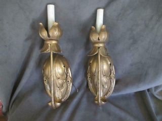 Vintage Painted Gold Tin & Brass Ornate Pair Wall Sconce Lights - Leaf Ksc101