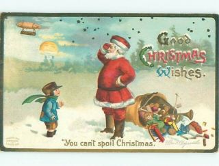 Pre - Linen Christmas Signed Clapsaddle - Santa Claus Looks Up At Zeppelin Ab4576
