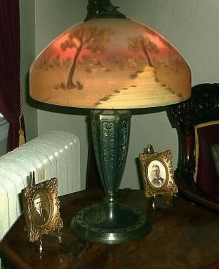 Gorgeous Reverse Painted Glass Shade - Handel Pairpoint Pittsburgh Phoenix Lamps 6