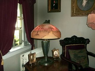 Gorgeous Reverse Painted Glass Shade - Handel Pairpoint Pittsburgh Phoenix Lamps 8