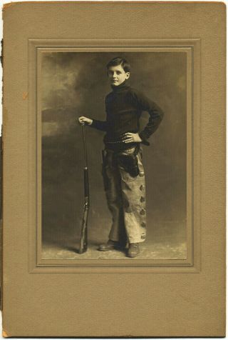 Large Studio Portrait Young Boy In Chaps W Gun Rifle Bullet Belt Holster