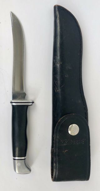 Vintage Buck Usa 105 Fixed Blade Knife W/ Black Leather Sheath Nr