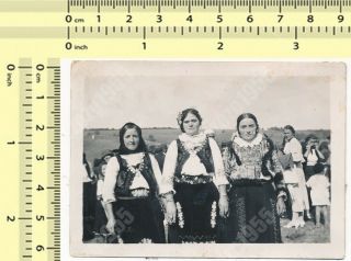 Three Women,  Females In National Costume Old Photo Snapshot