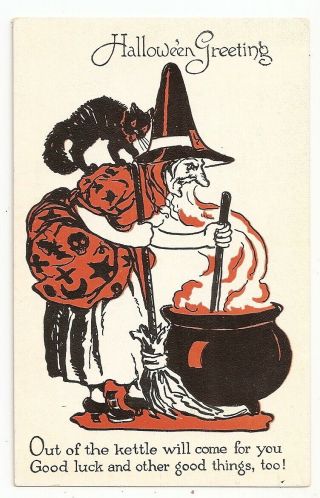 Witch Stirs Cauldron,  Black Cat On Shoulders,  Halloween 1133 Postcard