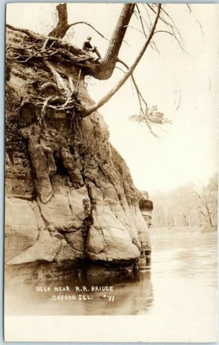 Oregon,  Illinois Rppc Photo Postcard " Rock Near R.  R.  Bridge " River View 1910