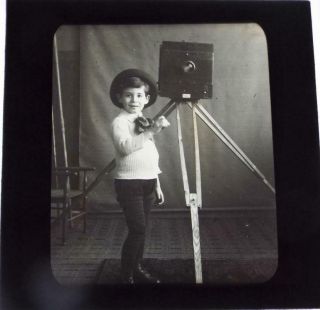 Magic Lantern Slide Small Boy With Old Wooden Camera Antique 1895 Slide