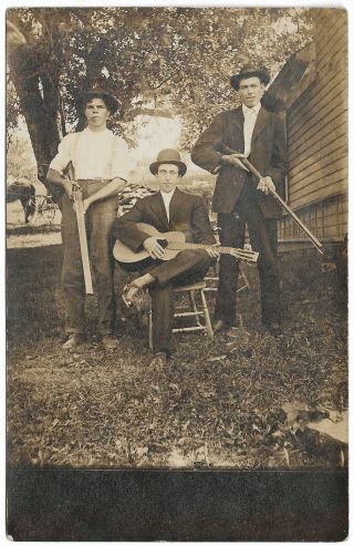 Three Men With Shotgun Muzzleloader & Guitar Newcomerstown Ohio,  Circa 1908 Rppc