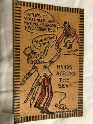 1907 Uncle Sam Hands Across The Sea England Vintage Leather Patriotic Postcard