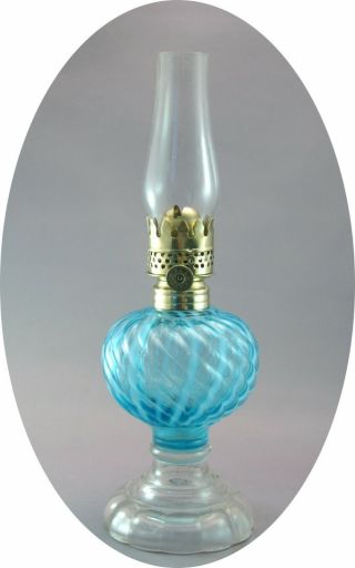 Antique Blue Opalescent Sheldon Swirl Miniature Oil Stand Lamp,  S1 - 513