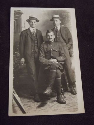 Vtg Ww1 Real Photo Postcard - Soldier Sitting & Two Men Standing - Lit Cigarette