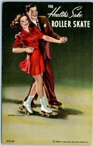 Linen Roller Skating Postcard " For Health 