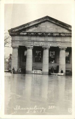 Rppc Postcard Shawneetown Il Flood Of 1937,  First National Bank,  People In Boats