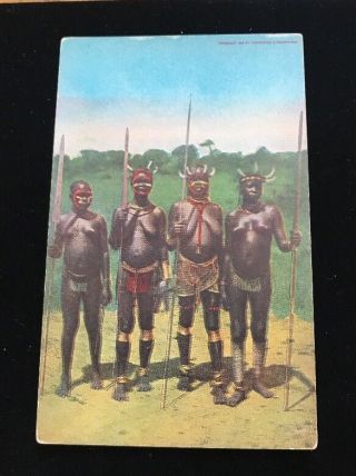African Natives Vintage Postcard Woman Naked Hunters.  Hippopotami