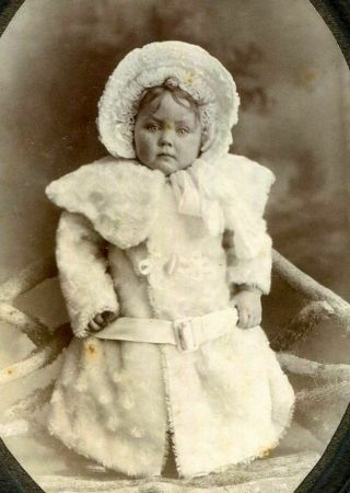 Antique Cabinet Photo Darling Little Girl W Large Bonnet & Fancy Winter Coat
