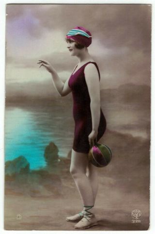 1921 Pretty Lady In Vintage Costume W/ Ball By The Sea Vintage Postcard