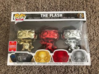 Funko Pop Sdcc 2018 Exclusive The Flash Chrome 3 Pack Gold Red Silver - Rare