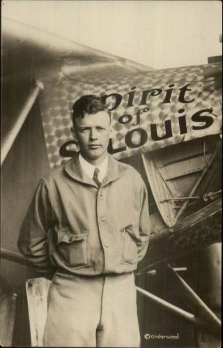 Pilot Charles Lindbergh W/ Airplane Spirit Of St.  Louis Real Photo Underwood