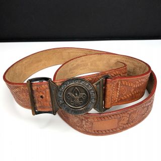 Vtg Boy Scouts Of America Tooled Leather Belt Brown Sz 36 Be Prepared Buckle 522