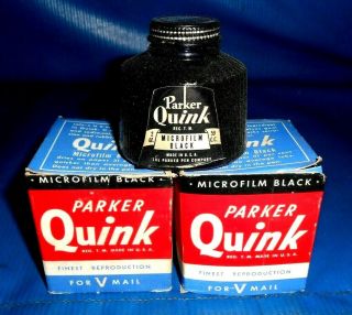 2 Full Bottles Vintage Parker Quink Microfilm Black Ink In Boxes
