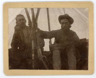 Men In Tent Posing With Rifles / Guns And Bullets Vintage Photo Hunting