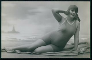 French Risque Sexy Bathing Beauty Woman Beach 1920s Photo Postcard Bb