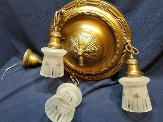 Antique Brass Pan Chandelier 3 Socket Arts & Crafts Light Cut Glass Shades