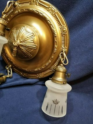 Antique Brass Pan Chandelier 3 socket Arts & Crafts light cut glass shades 3