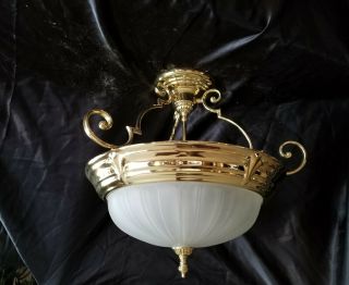 Vtg Large Brass Gold Pendant Ceiling Light Fixture Frosted Glass Shade Mcm