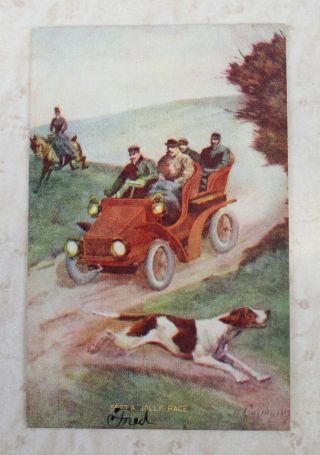 Antique Car Hunting Beagle 1908 Postcard A Jolly Race Dog Vintage Car (f)