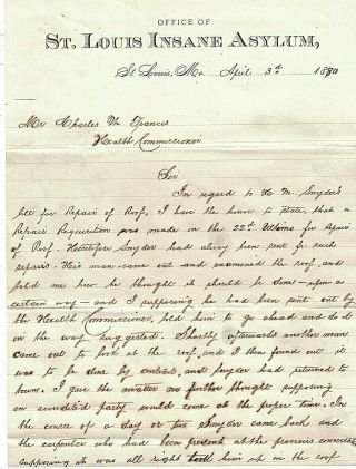 1880 St.  Louis Insane Asylum Letter Signed By Superintendent