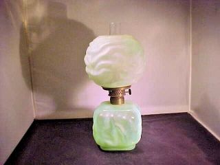 Antique Miniature Oil Lamp Green Satin Glass Unusual Shape Ball Shade P & A Mfg.