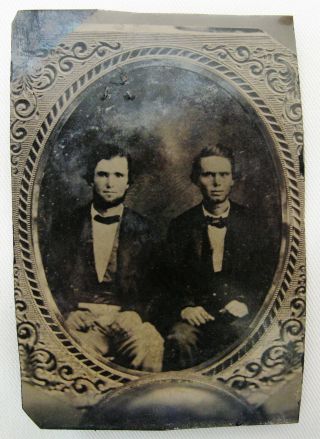 ANTIQUE TINTYPE PHOTO OF 2 HANDSOME DAPPER YOUNG MEN TAKEN FROM AN EARLIER IMAGE 2