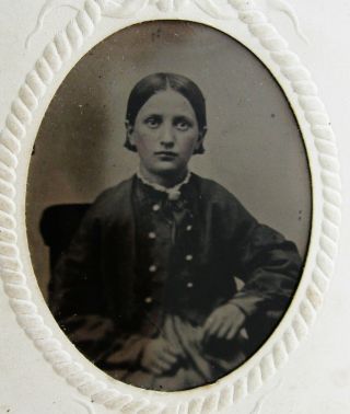 Antique Civil War Era Tintype Photo Of A Lovely Young Woman Wearing Jacket