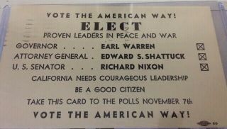 1950 Richard Nixon For Us Senate Campaign Post Card - - Ca Republican Slate