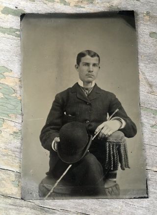 ANTIQUE AMERICAN Seated Handsome Young Man Walking Stick Derby Hat TINTYPE PHOTO 2