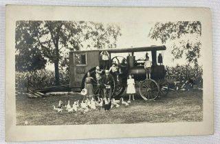 Vintage Photograph Family Farm Steam Tractor Ducks 3.  5 " X 5.  5 " Post Card
