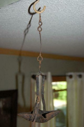 Early Antique Primitive Iron Betty Grease Fat Whale Oil Hanging Lamp Lighting