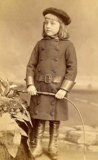 Antique Cabinet Photo Victorian Child W Riding Clothes Hat Boots & Whip England