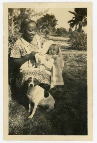 Black Nanny With White Baby And Dog Vintage Snapshot Photo