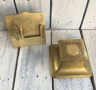Antique Vtg Ornate Bradley And Hubbard Brass Inkwell Card Holder Set