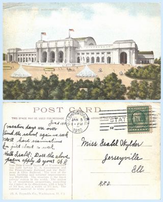 Union Railroad Train Station Washington Dc 1910 Postcard Streetcar Automobiles