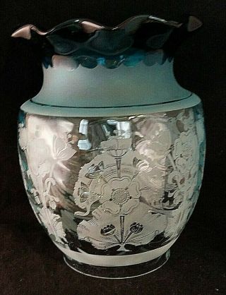 Antique Victorian Art Nouveau Blue Etched Glass Kerosene Oil Lamp Shade 2