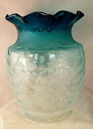 Antique Victorian Art Nouveau Blue Etched Glass Kerosene Oil Lamp Shade 3