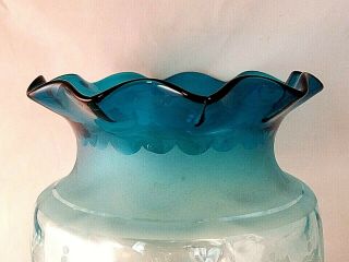 Antique Victorian Art Nouveau Blue Etched Glass Kerosene Oil Lamp Shade 4