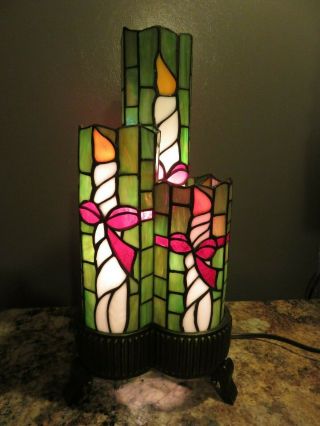 Vintage Arts & Crafts Candle Leaded Stained Slag Glass Lamp Bronze Metal Base