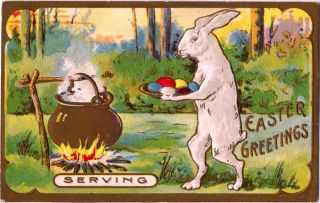 Antique Easter Postcard Humanized Rabbit Serves Colored Eggs Emboss German Gold